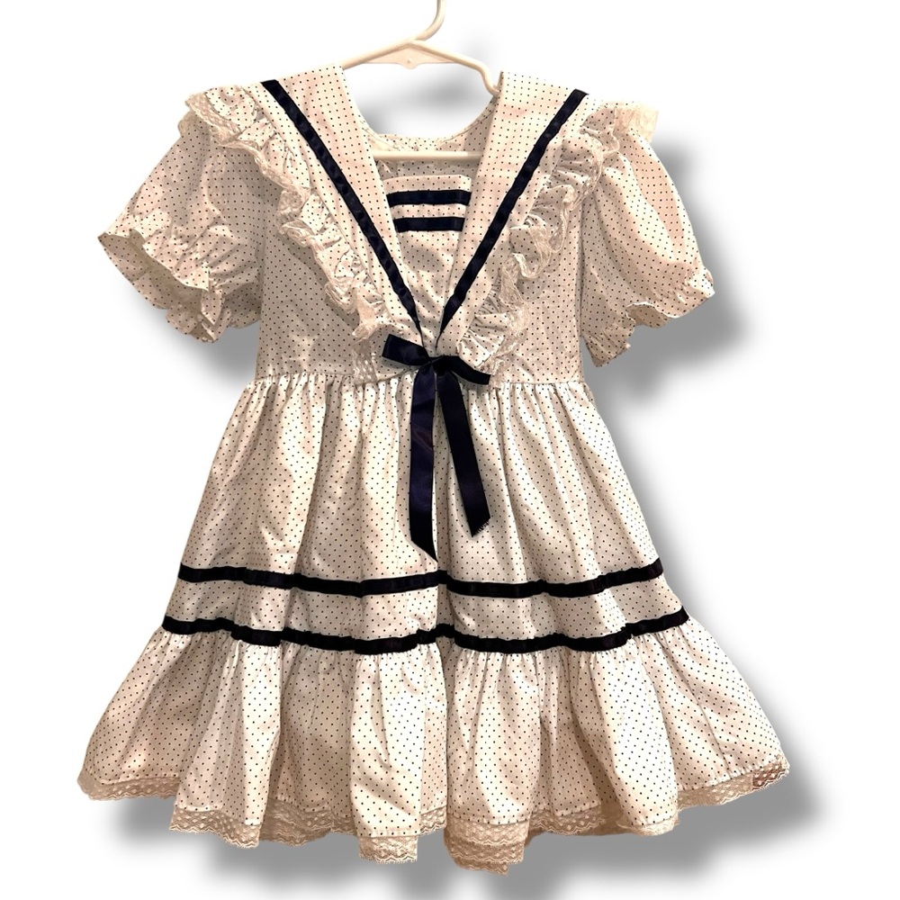 Vtg Mini World, Inc. Blue Polka Dot White Dress Sz 4 Utah Made In USA Pageant